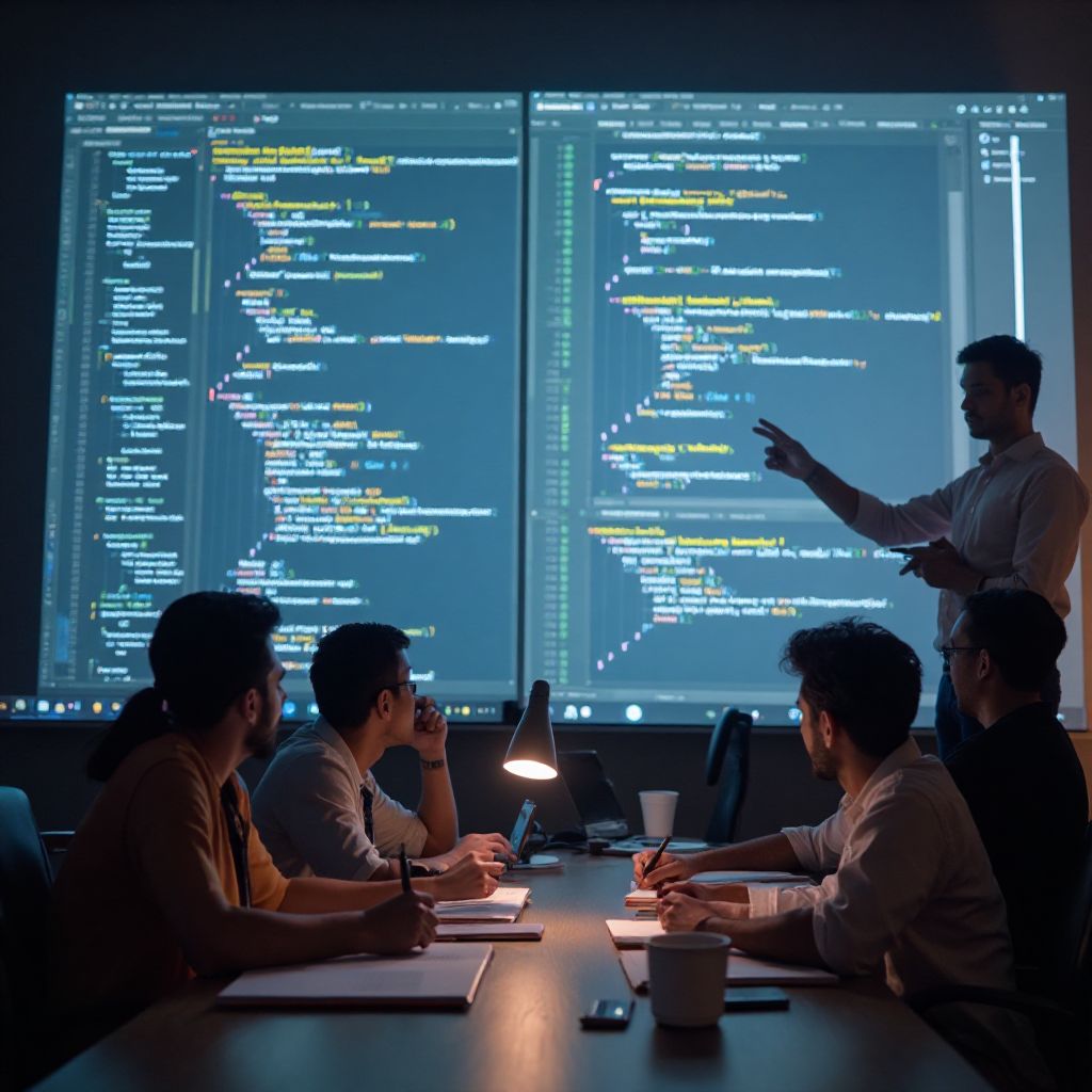 Instructor explaining code to students on digital display