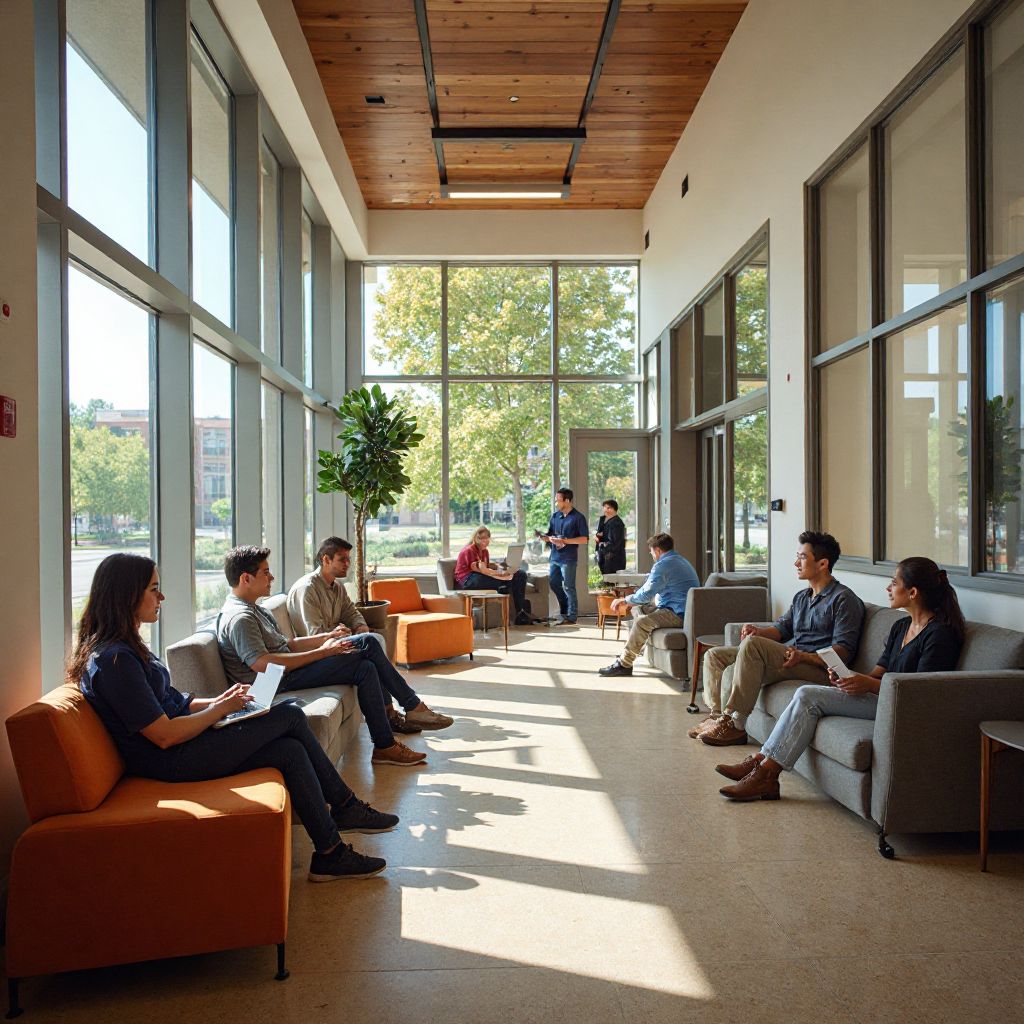 Campus lounge area with students relaxing